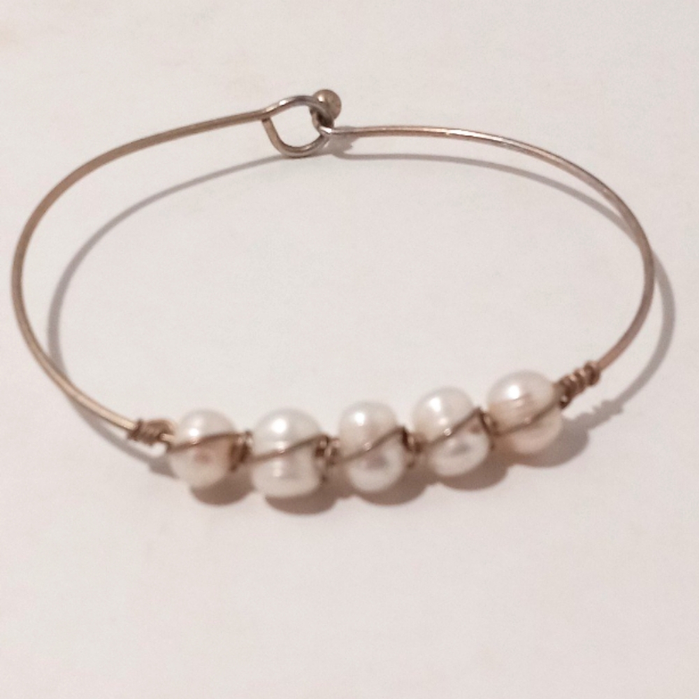 Brass Wire Wrapped Pearl Cluster Bracelet Genuine White Pearls